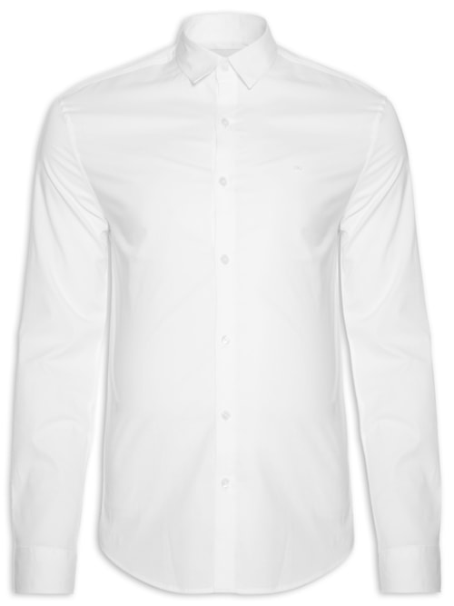 Camisa Masculina Slim Lisa Básica Logo No Peito - Off White