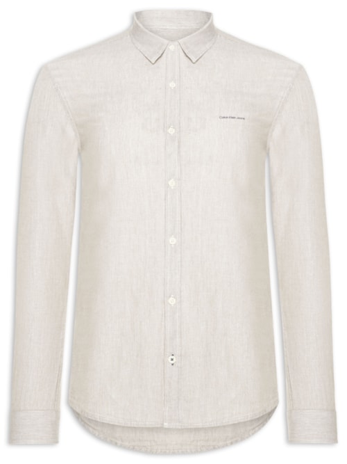 Camisa Masculina Slim Listrada Silk Logo - Bege