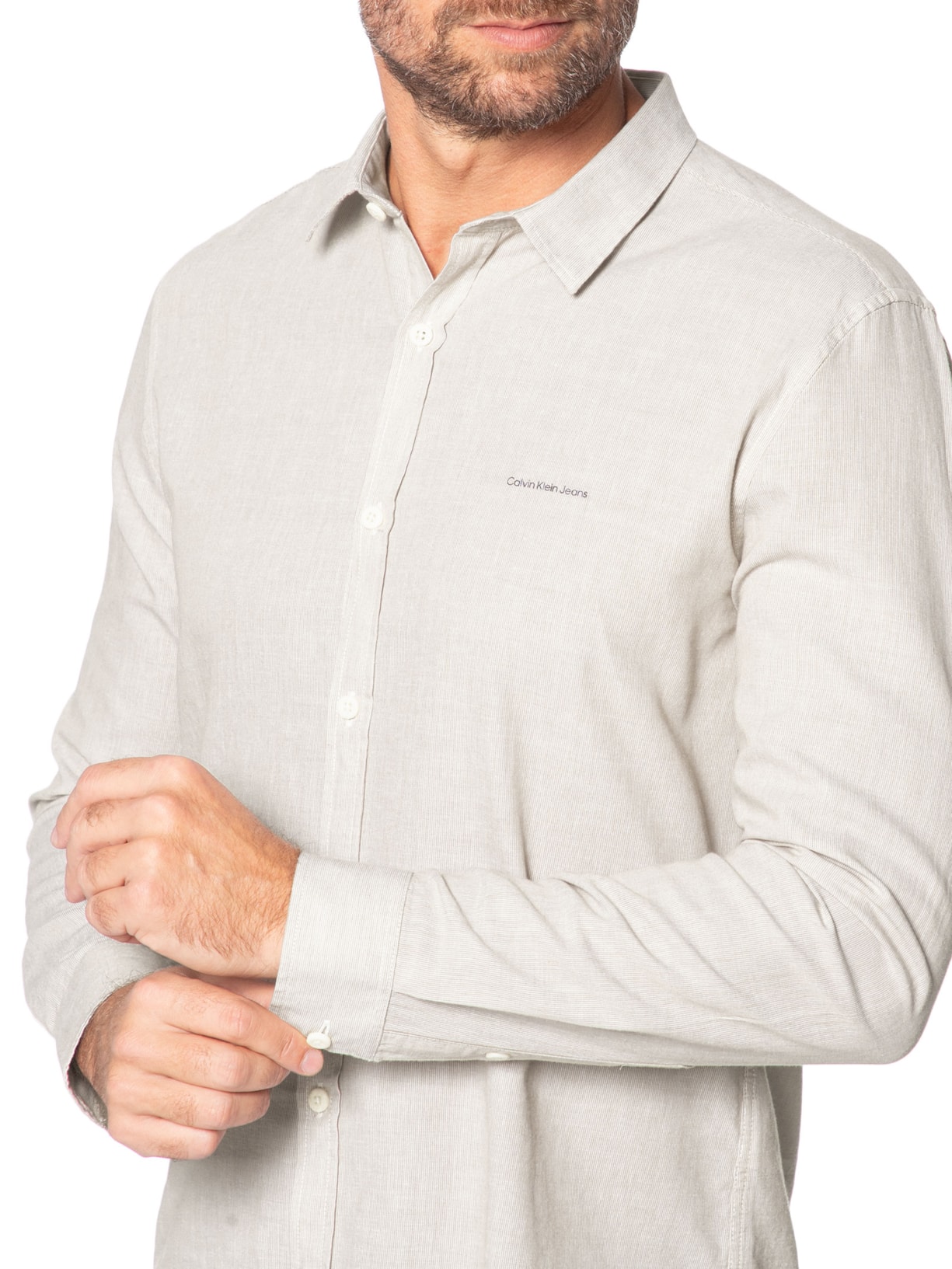 Camisa Masculina Slim Listrada Silk Logo Bege Calvin Klein Jeans