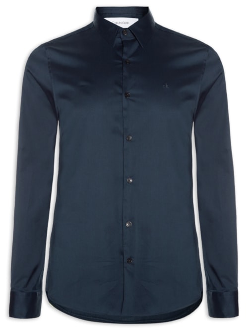 Camisa Masculina Slim Manga Longa Básica Algodão Poliamida - Azul
