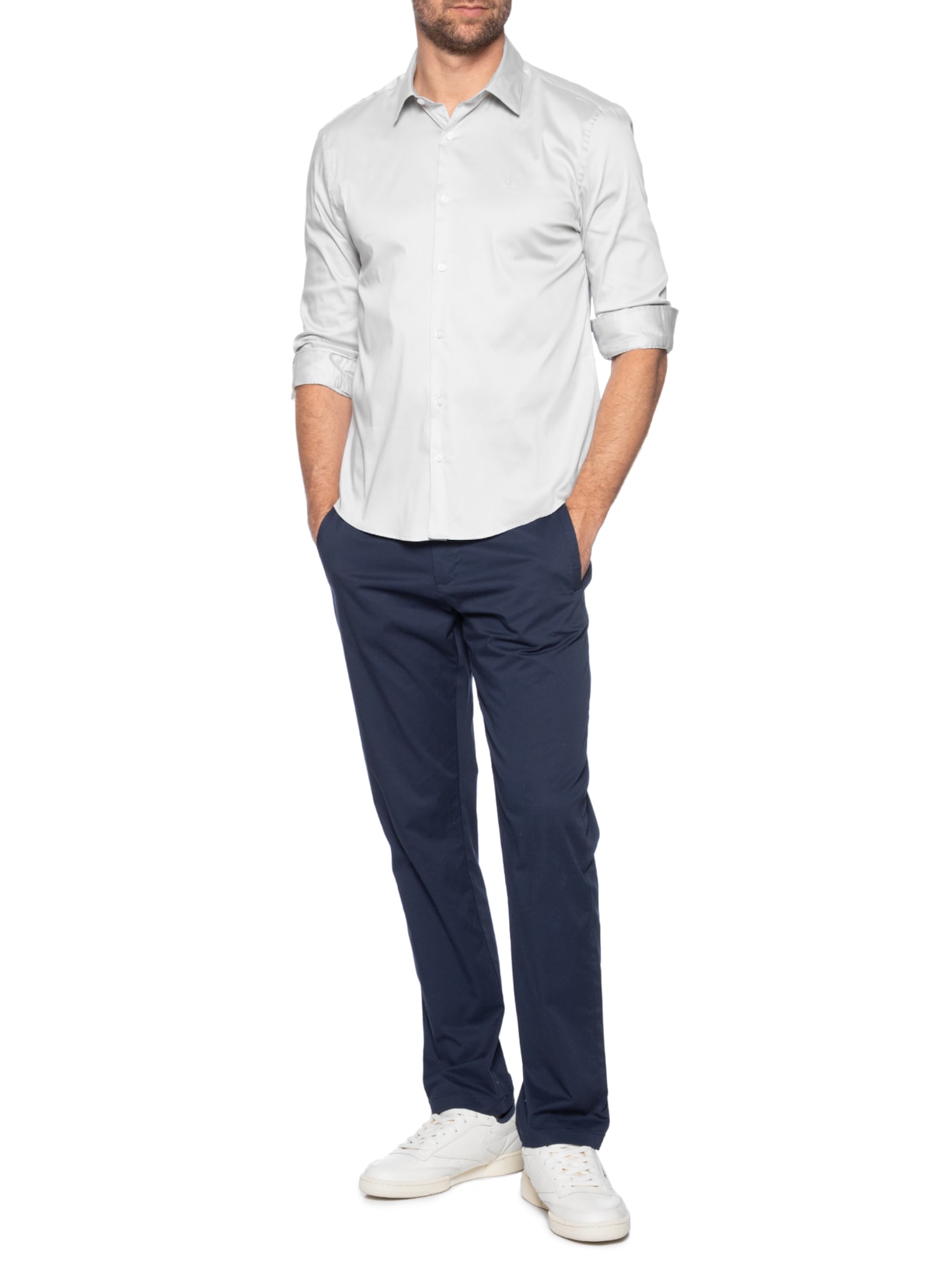 Camisa Masculina Slim Manga Longa Básica Algodão Poliamida Cinza Calvin Klein