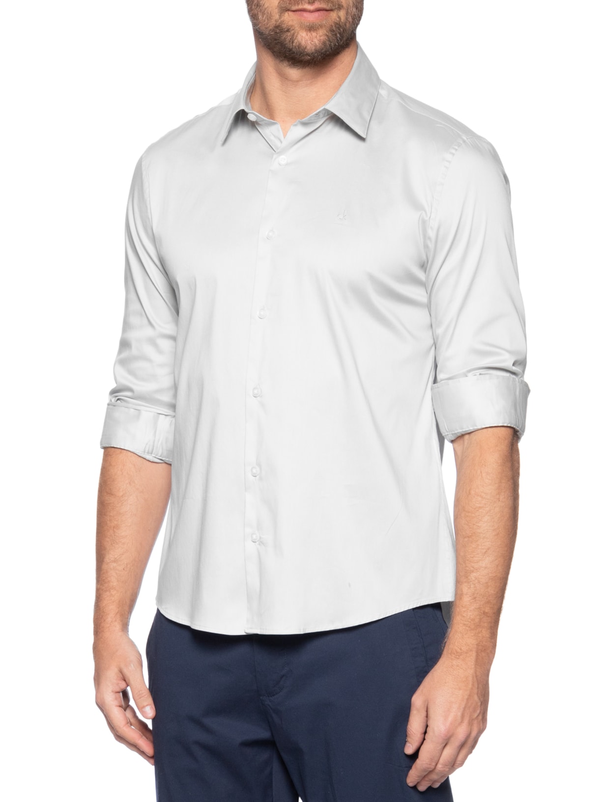 Camisa Masculina Slim Manga Longa Básica Algodão Poliamida Cinza Calvin Klein
