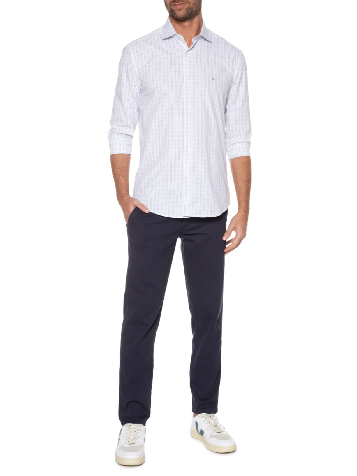 Camisa Masculina Slim Tricoline Xadrez Branco Aramis