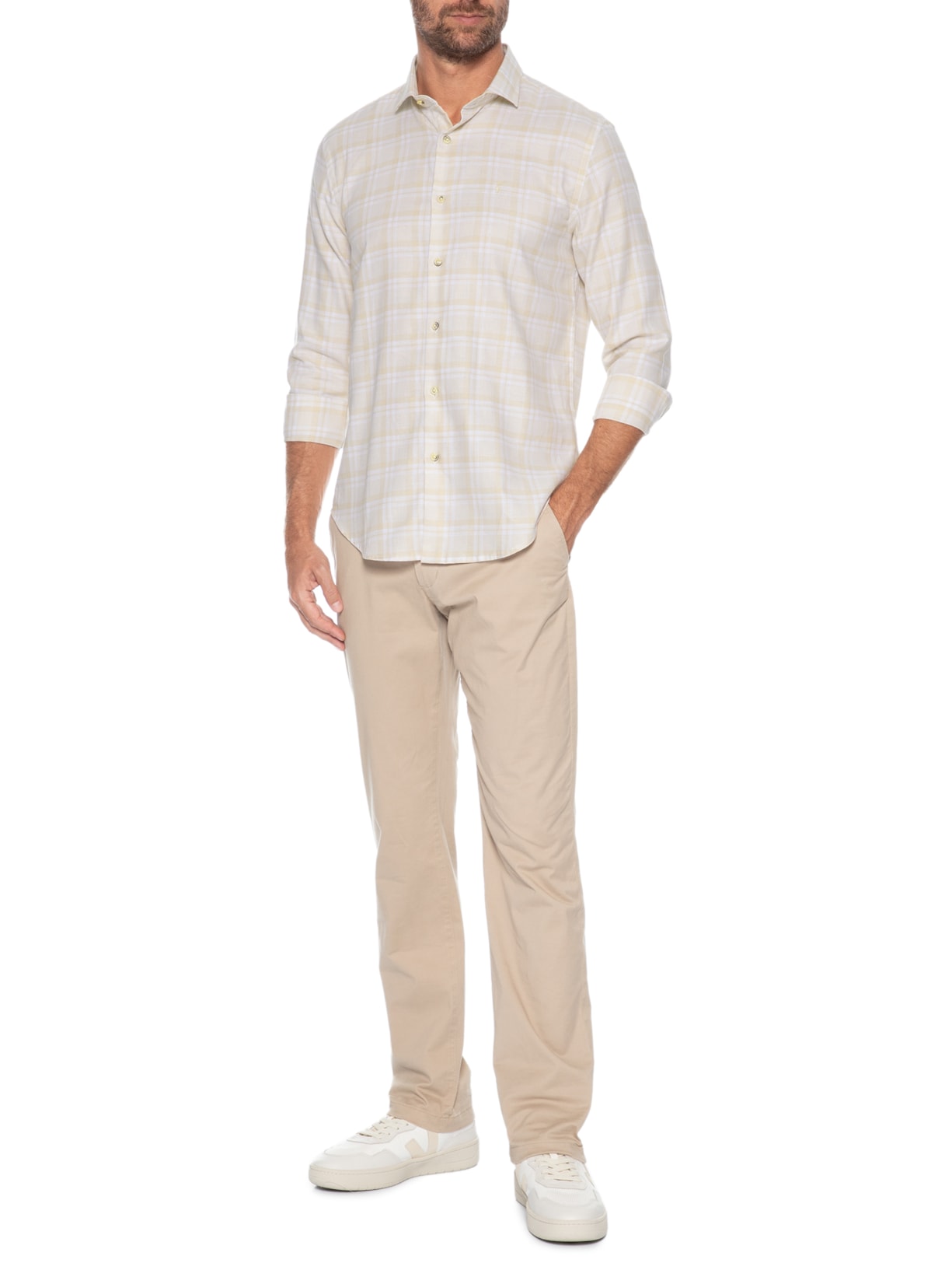 Camisa Masculina Slub Xadrez Bege Sergio K