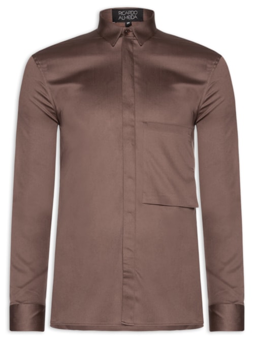 Camisa Masculina Social Austin Com Bolso Slim Fit Algodão Pima - Marrom