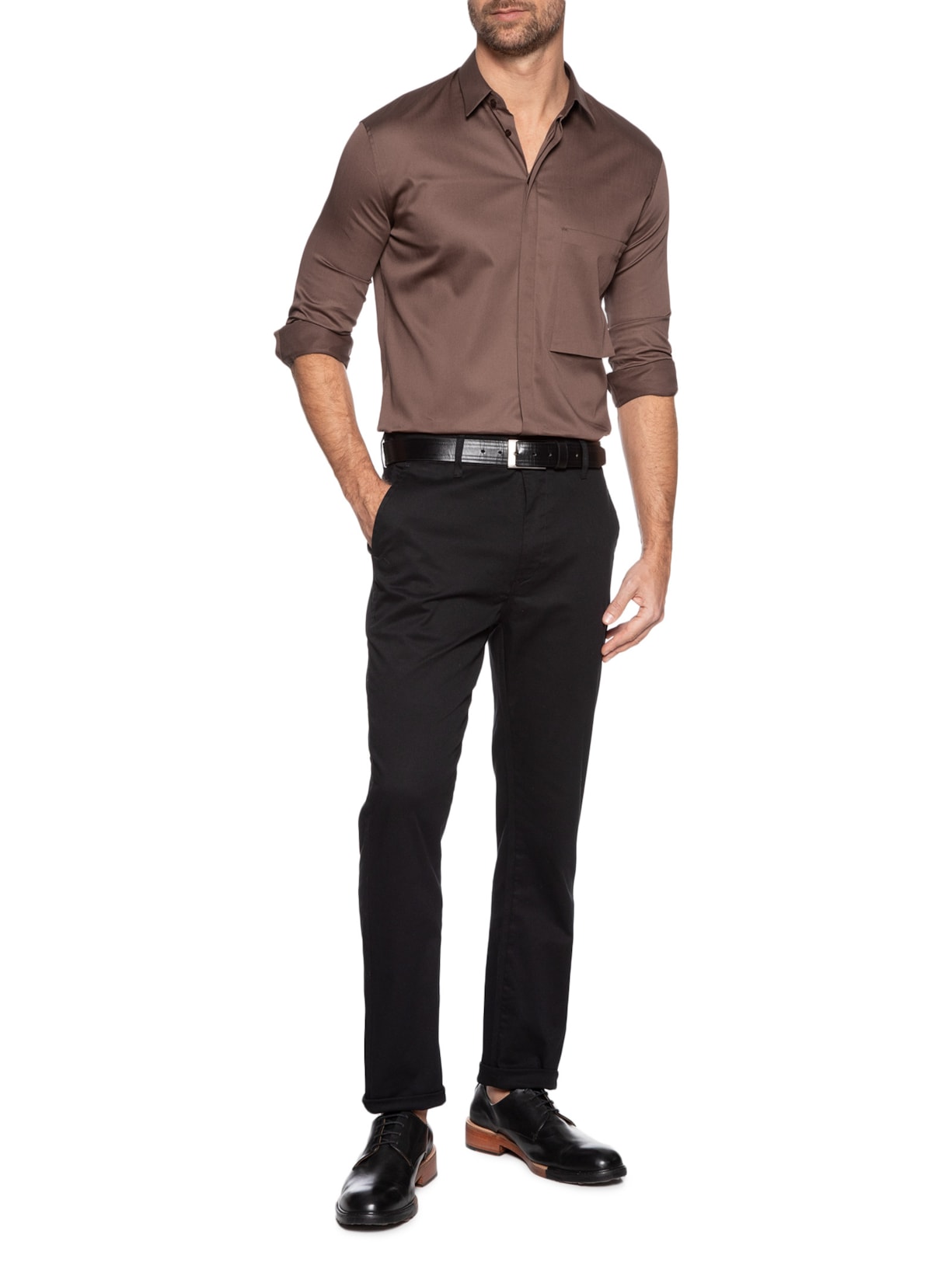 Camisa Masculina Social Austin Com Bolso Slim Fit Algodão Pima Marrom Ricardo Almeida