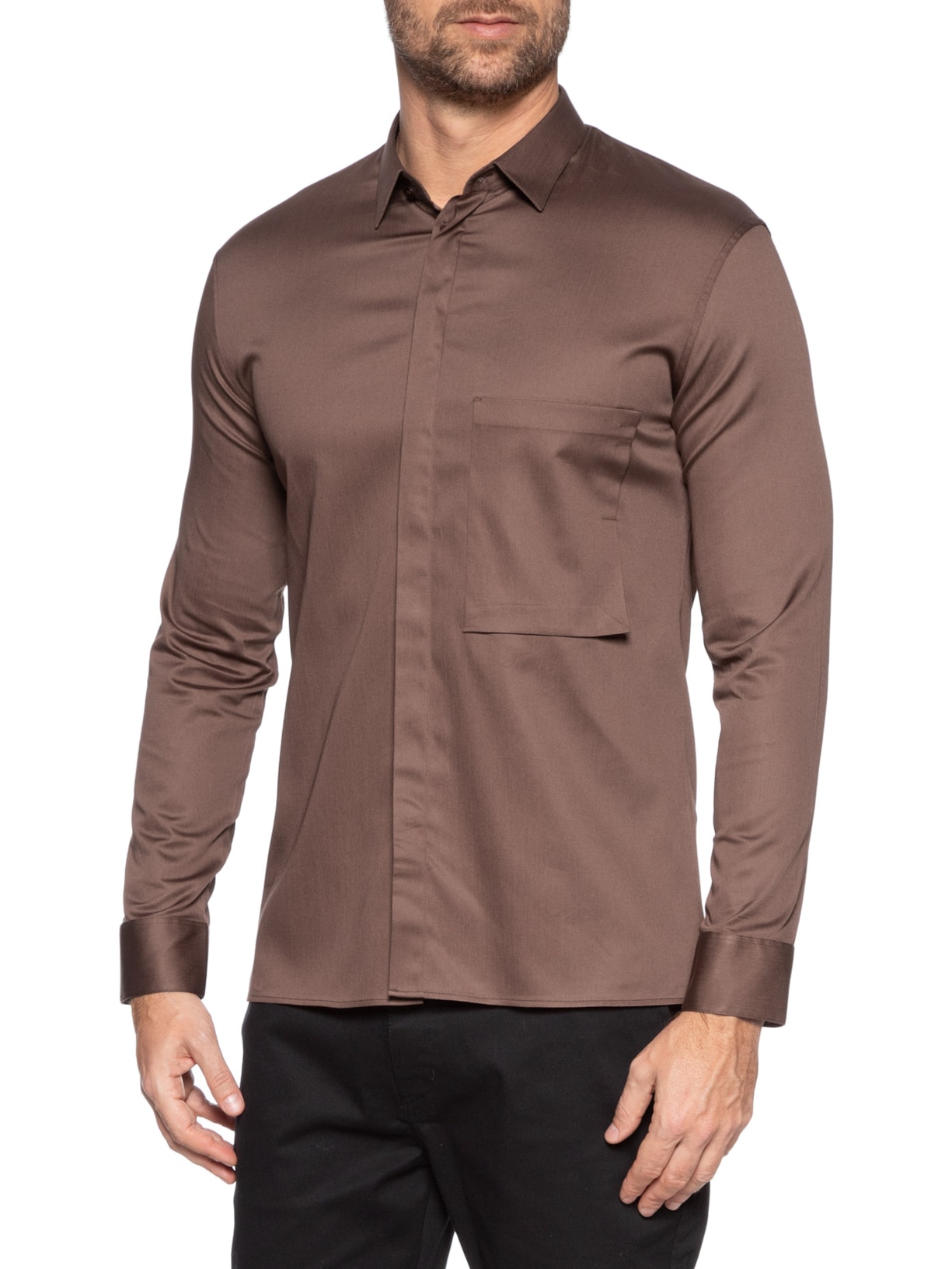 Camisa Masculina Social Austin Com Bolso Slim Fit Algodão Pima Marrom Ricardo Almeida