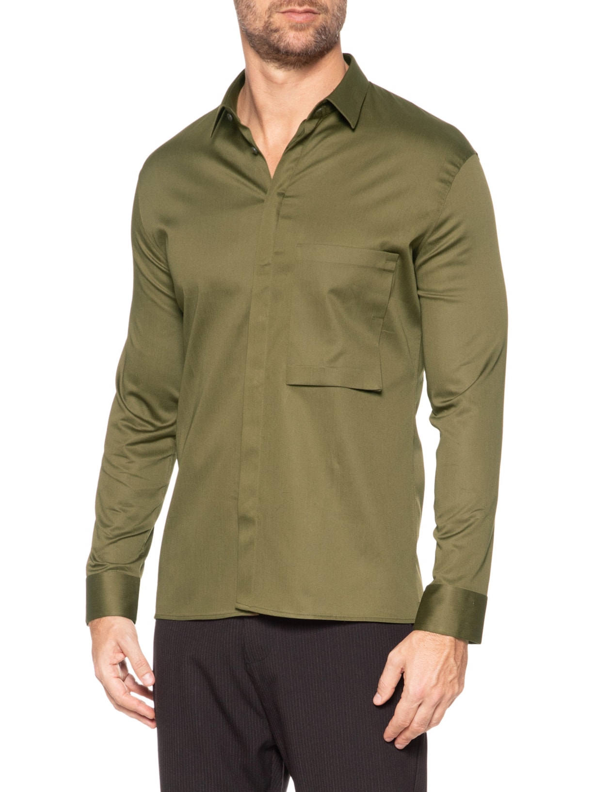 Camisa Masculina Social Austin Com Bolso Slim Fit Algodão Pima Verde Ricardo Almeida