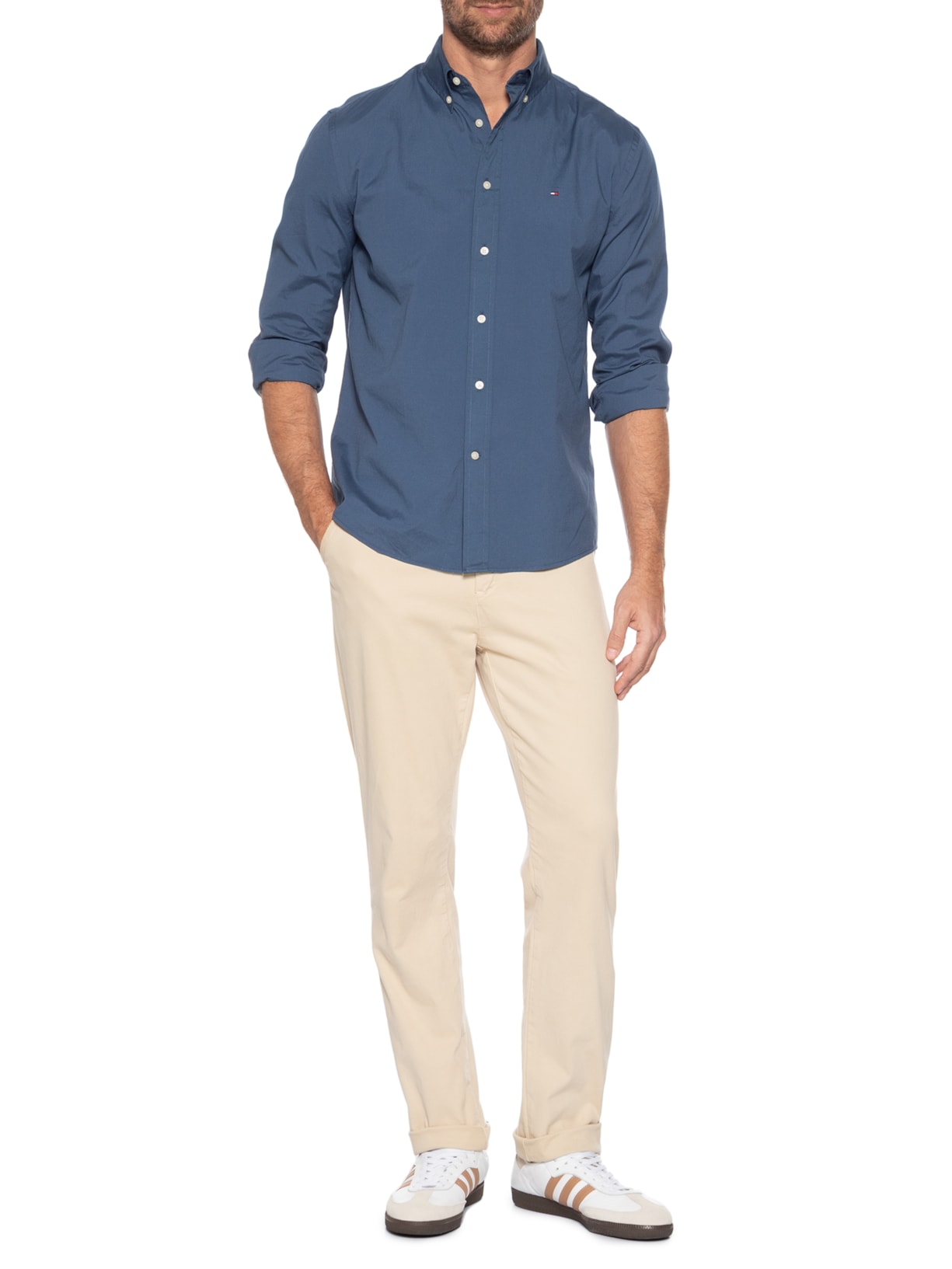 Camisa Masculina Social Básica Regular Fit Em Popline Azul Tommy Hilfiger