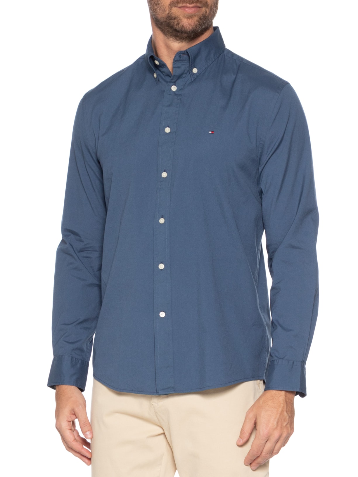 Camisa Masculina Social Básica Regular Fit Em Popline Azul Tommy Hilfiger