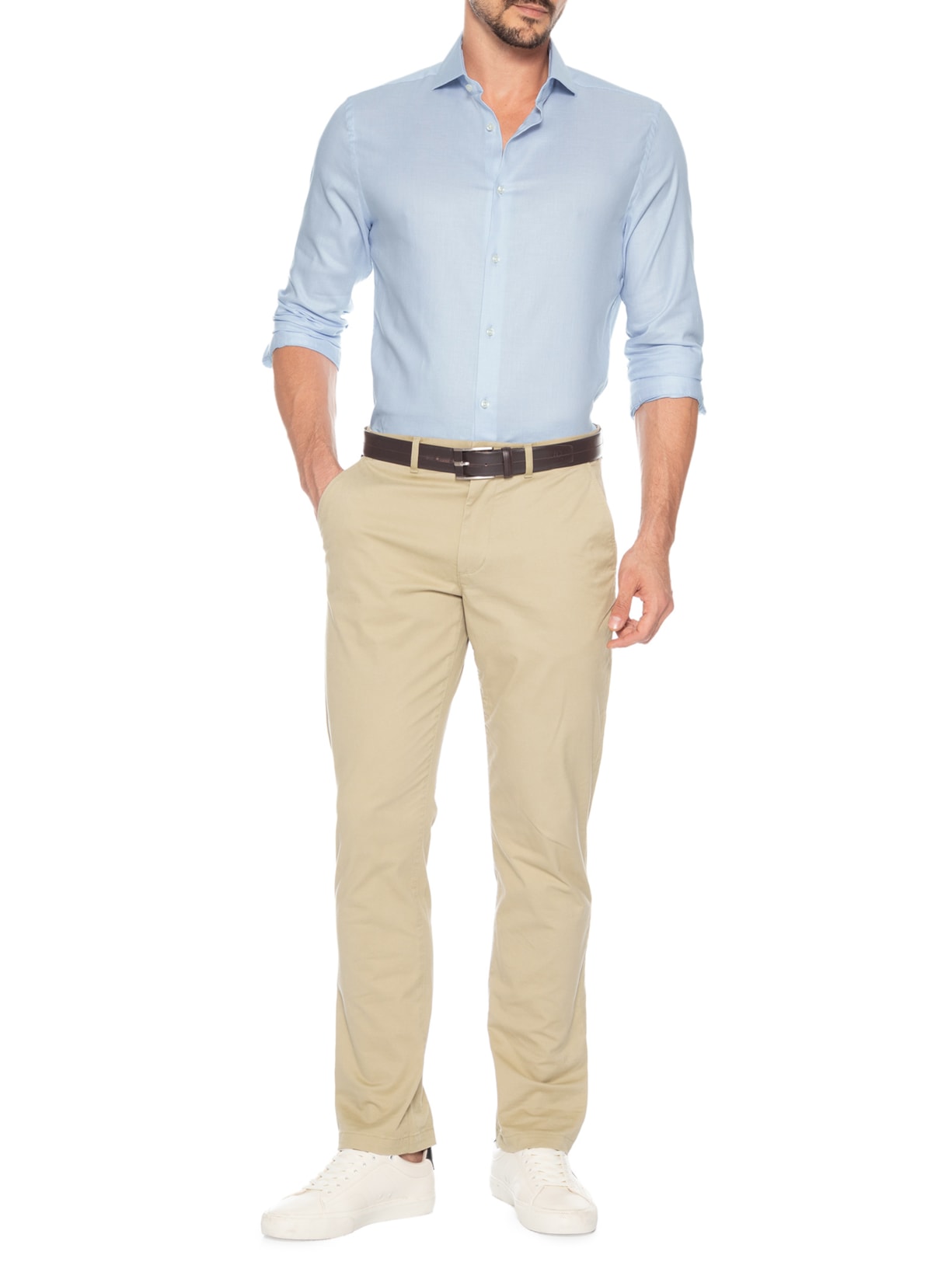 Camisa Masculina Social Flex Collar Em Dobby Azul Tommy Hilfiger
