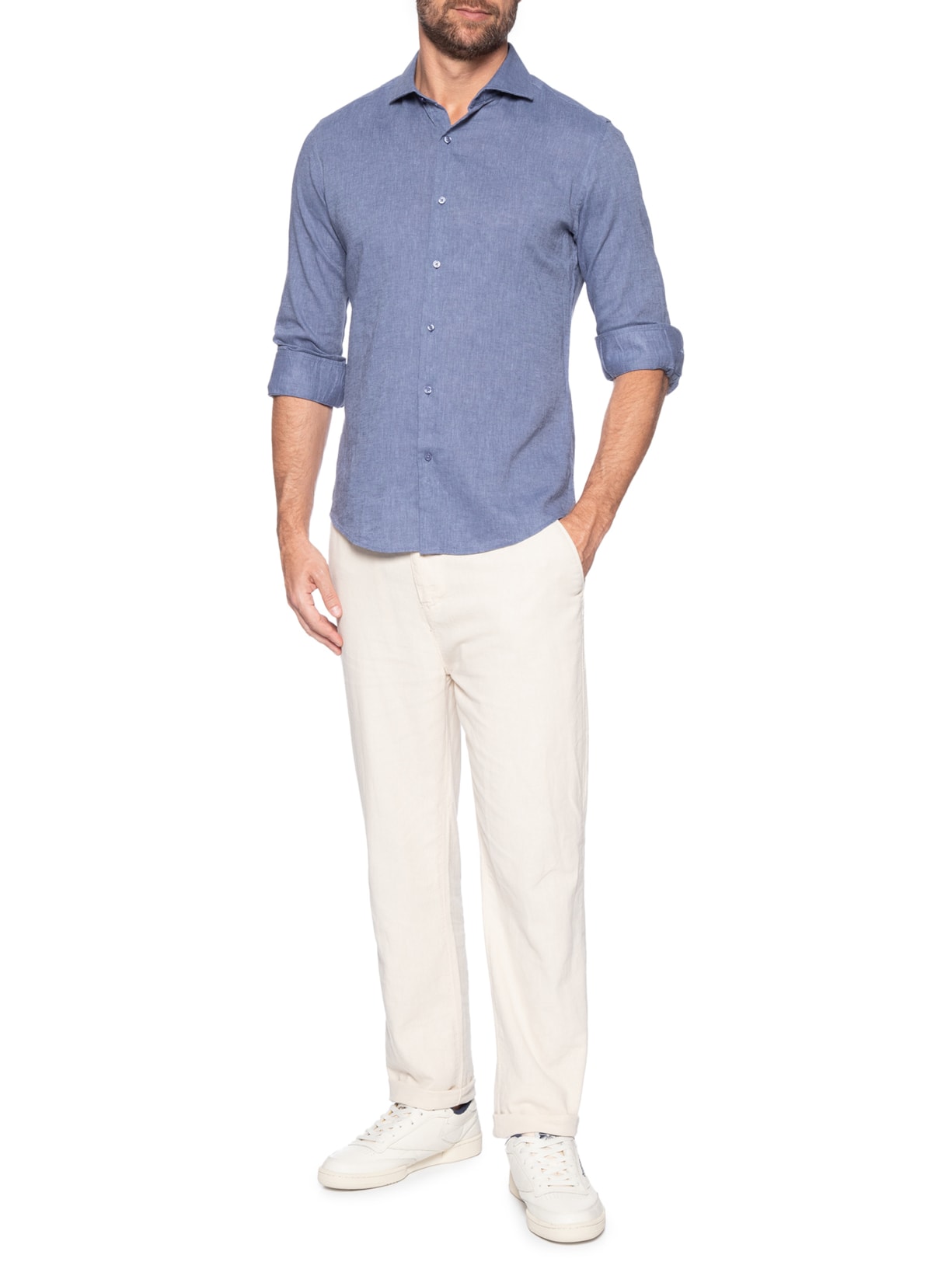 Camisa Masculina Social Manga Longa Blende Linho Azul '2 Essential