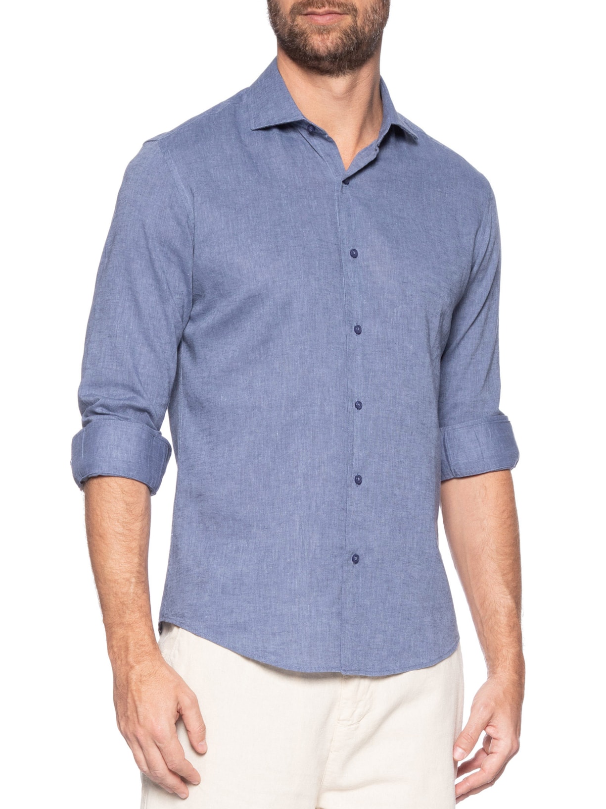 Camisa Masculina Social Manga Longa Blende Linho Azul '2 Essential