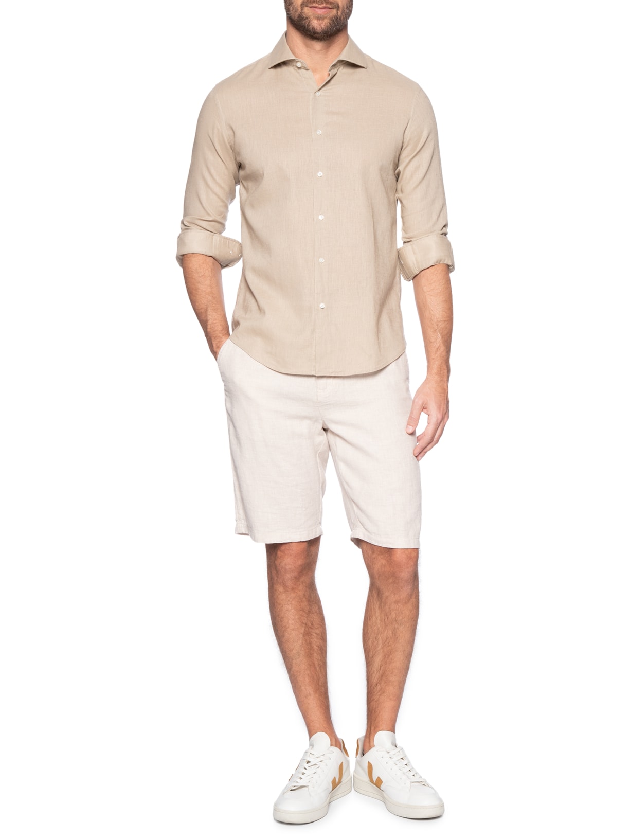 Camisa Masculina Social Manga Longa Blende Linho Bege '2 Essential