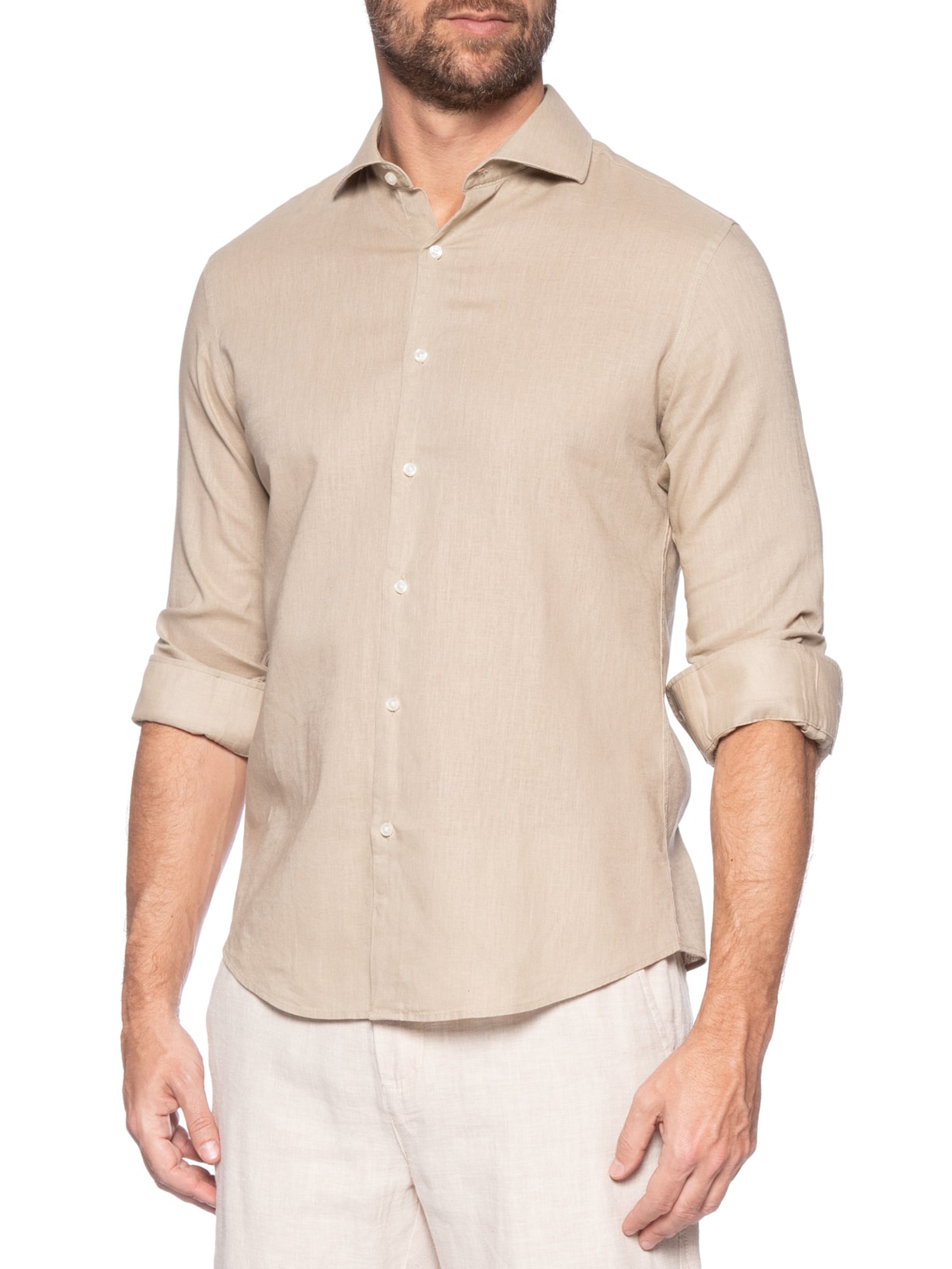 Camisa Masculina Social Manga Longa Blende Linho Bege '2 Essential