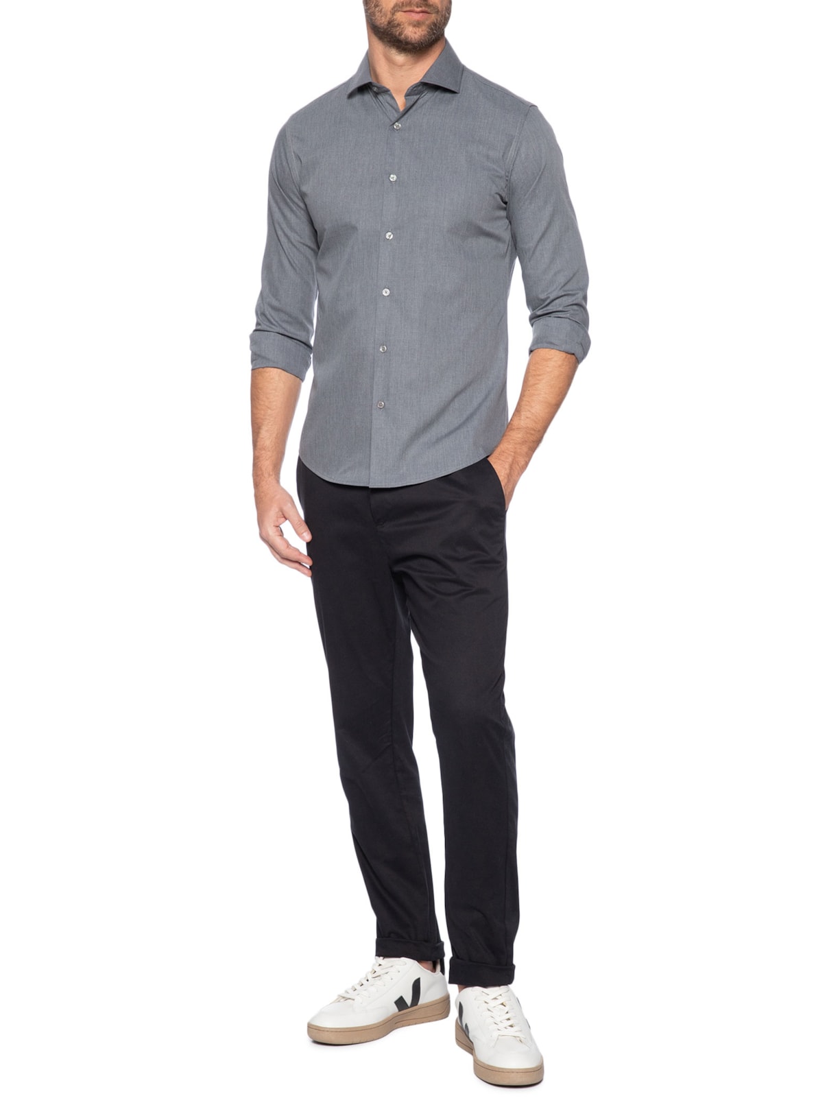 Camisa Masculina Social Manga Longa Slim Fit Cinza '2 Essential