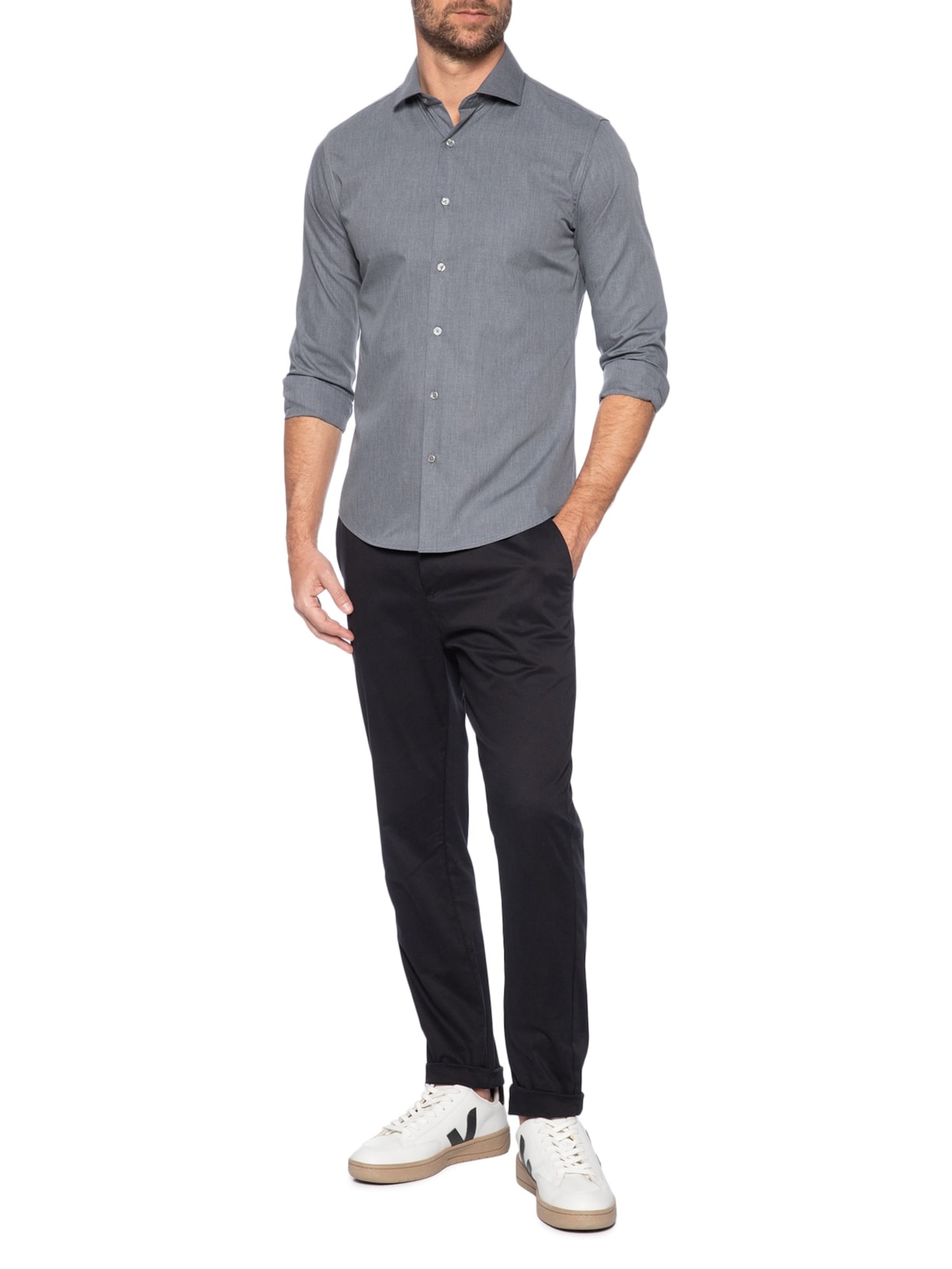 Camisa Masculina Social Manga Longa Slim Fit Cinza '2 Essential