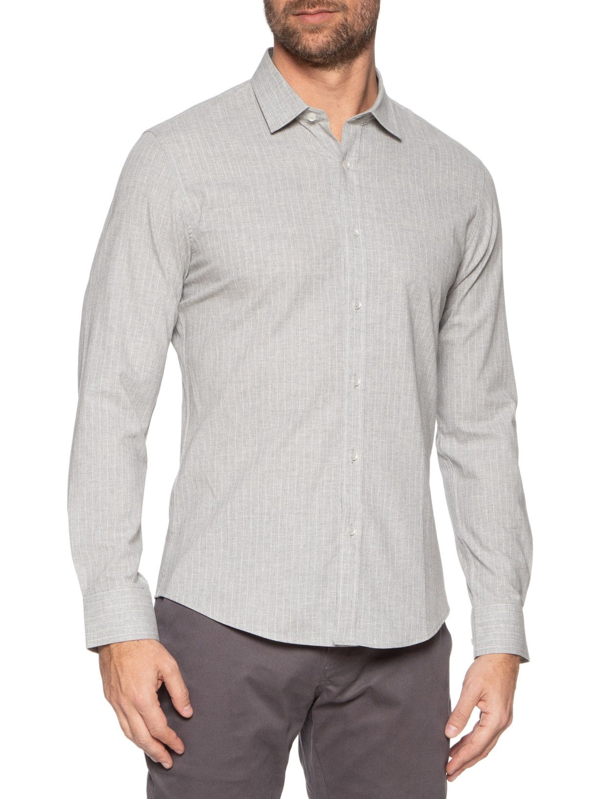 Camisa Masculina Social Manga Longa Slim Fit Cinza '2 Essential