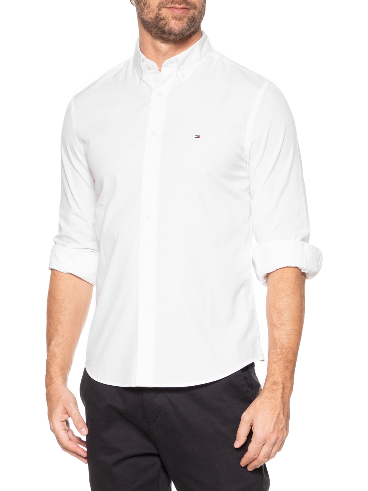 Camisa Masculina Social Regular Fit Core Flex Em Algodão Orgânico Branco Tommy Hilfiger