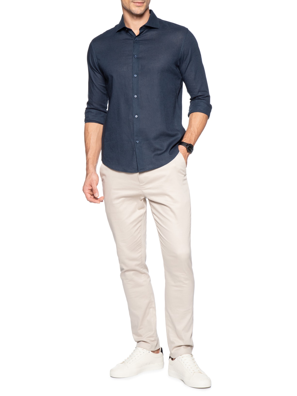 Camisa Masculina Social Slim Fit Blend Linho Azul '2 Essential