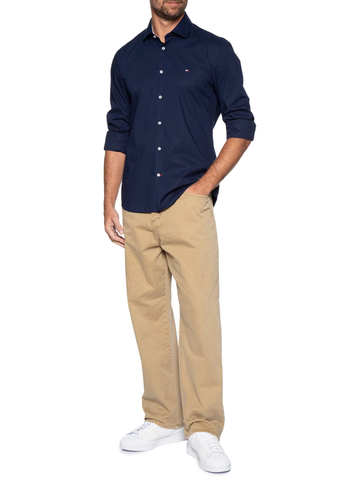 Camisa Masculina Social Slim Fit Detalhe Contrastante Poplin Azul Tommy Hilfiger