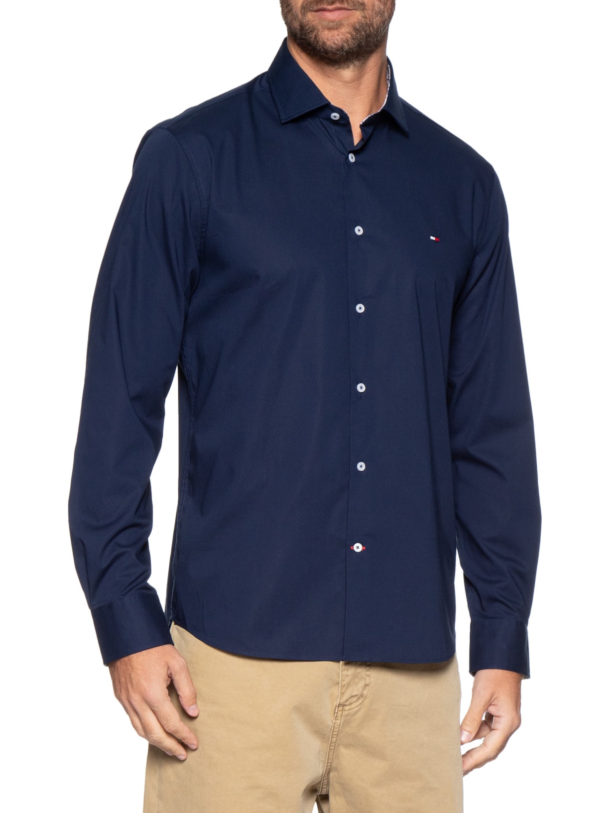Camisa Masculina Social Slim Fit Detalhe Contrastante Poplin Azul Tommy Hilfiger