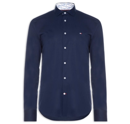 Camisa Masculina Social Slim Fit Detalhe Contrastante Poplin - Azul