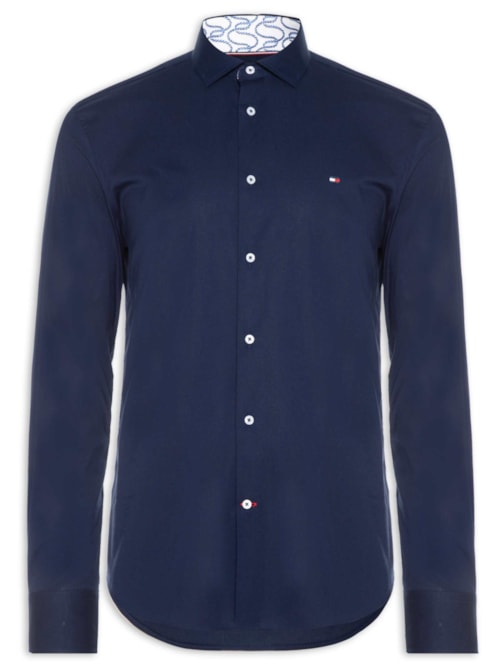 Camisa Masculina Social Slim Fit Detalhe Contrastante Poplin - Azul