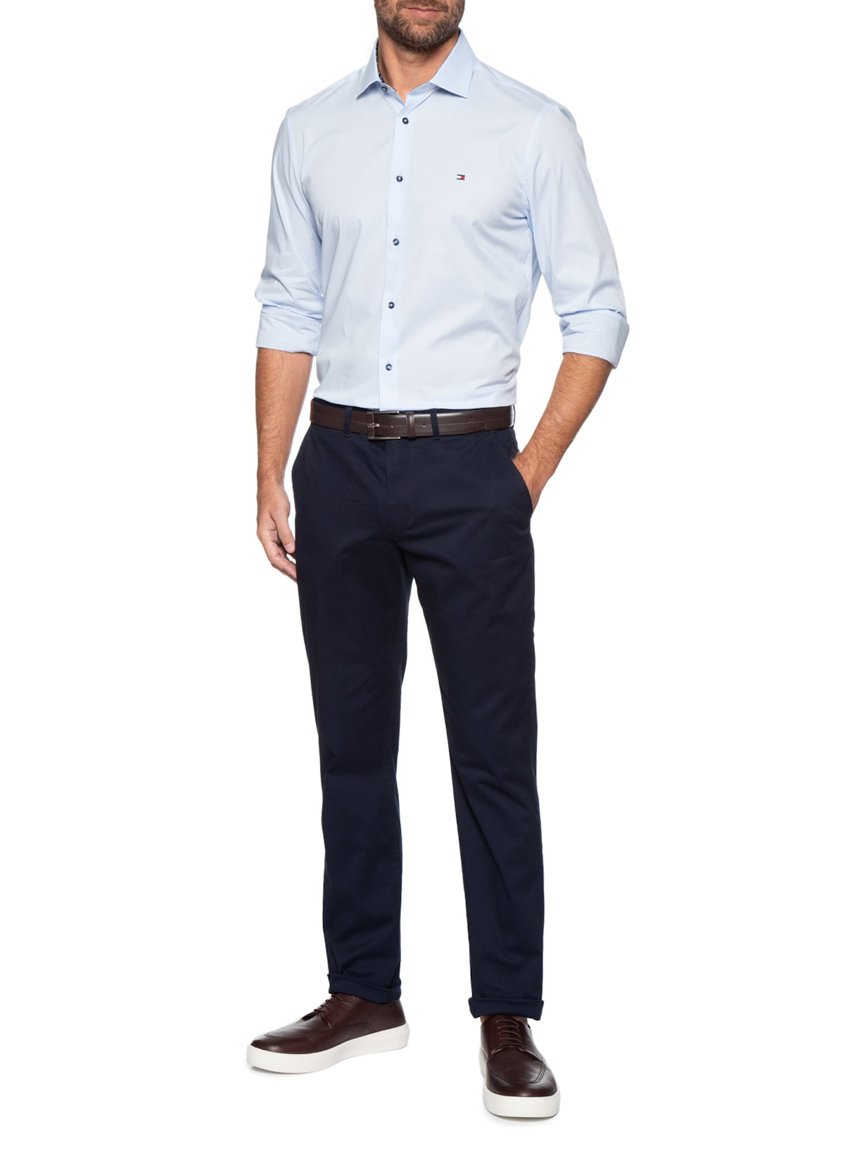 Camisa Masculina Social Slim Fit Detalhe Contrastante Poplin Azul Tommy Hilfiger