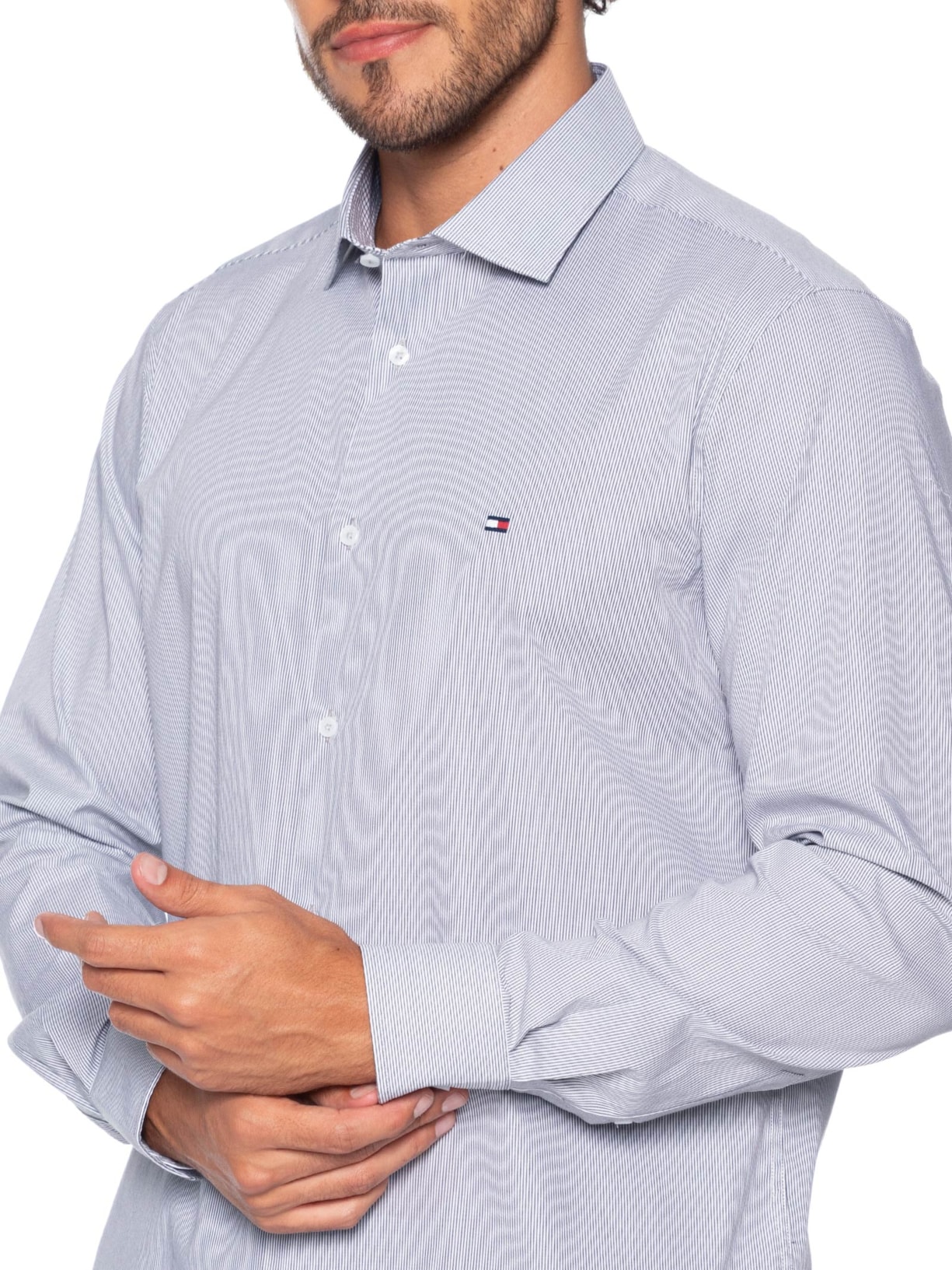 Camisa Masculina Social Slim Fit Listras Azul Tommy Hilfiger