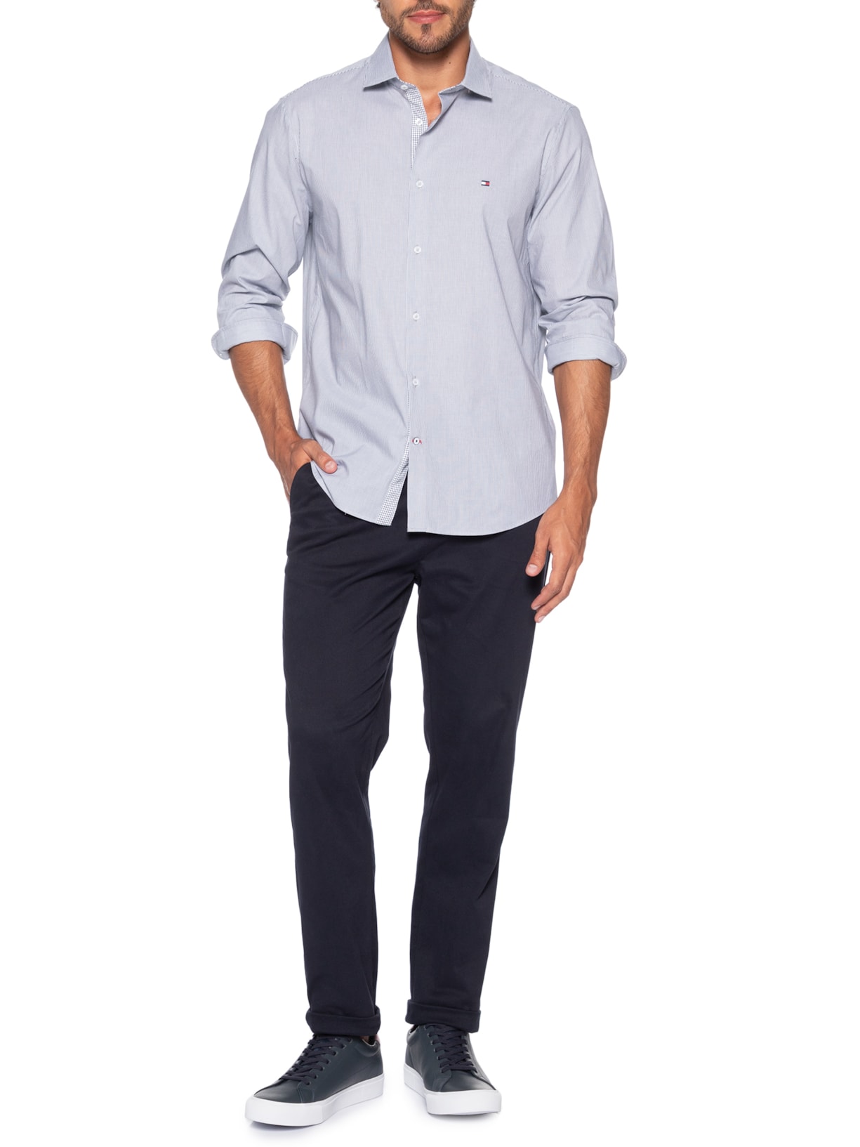 Camisa Masculina Social Slim Fit Listras Azul Tommy Hilfiger