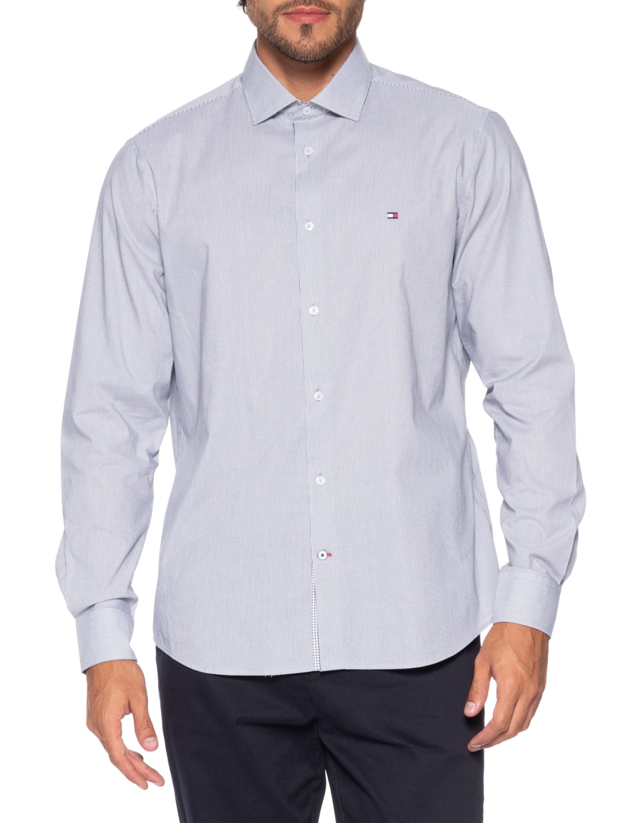 Camisa Masculina Social Slim Fit Listras Azul Tommy Hilfiger