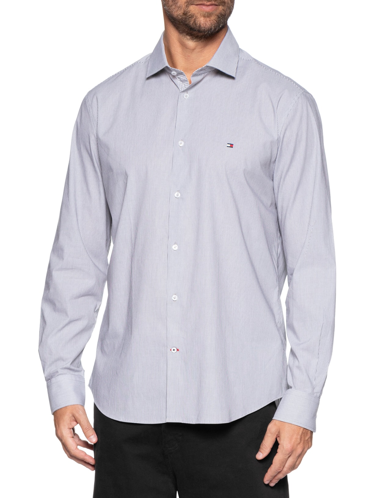 Camisa Masculina Social Slim Fit Listras Preto Tommy Hilfiger