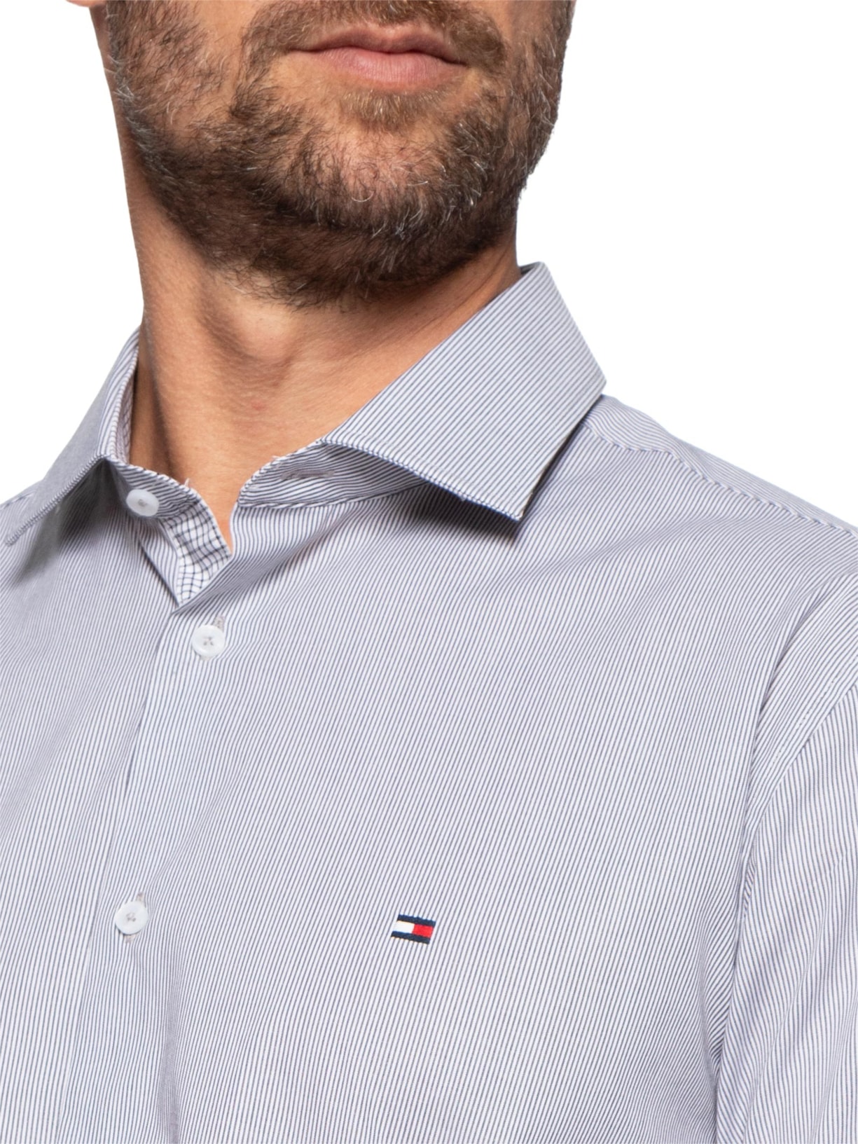 Camisa Masculina Social Slim Fit Listras Preto Tommy Hilfiger