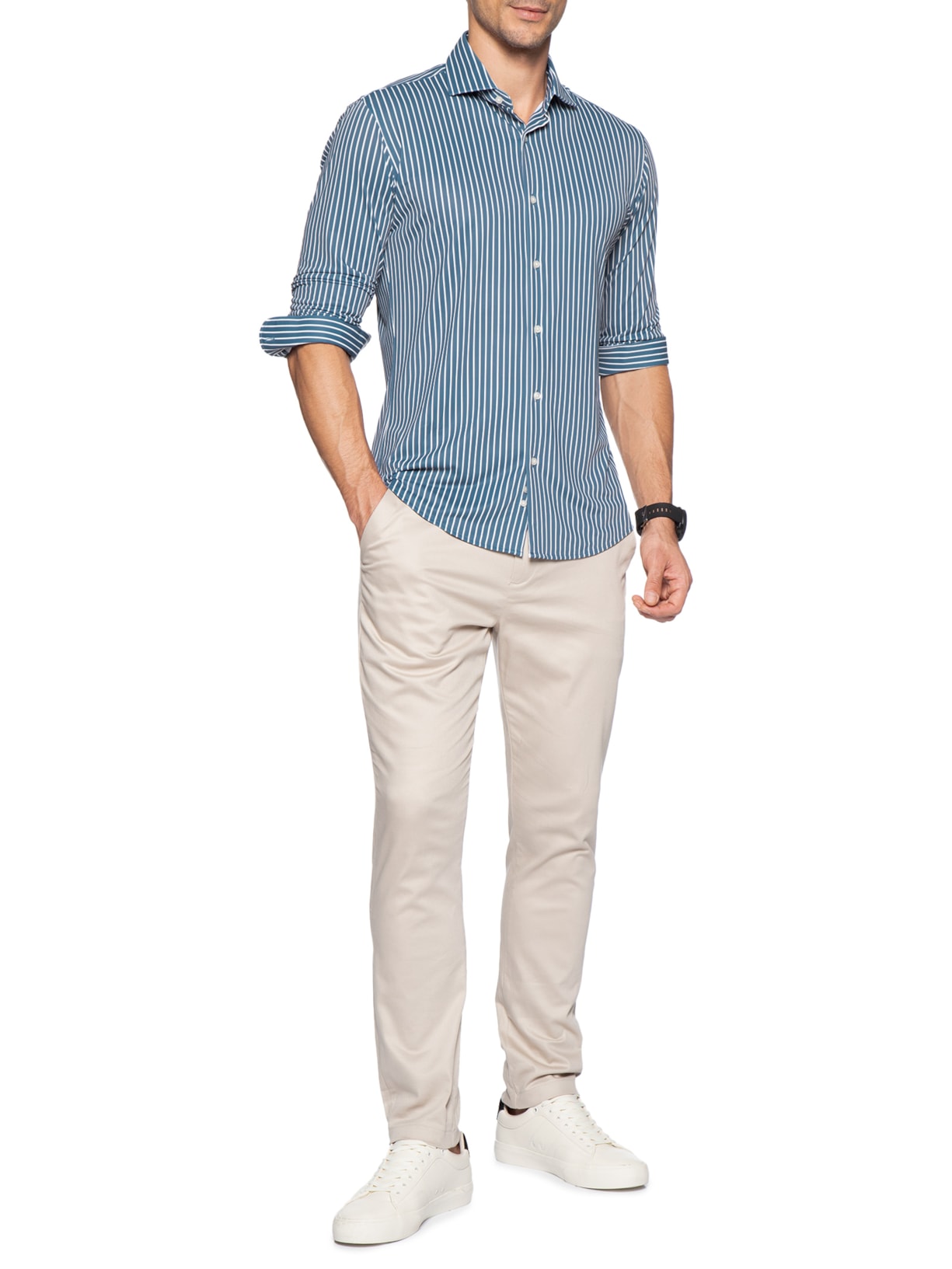 Camisa Masculina Social Slim Fit Tech Dots Respirável Azul '2 Essential