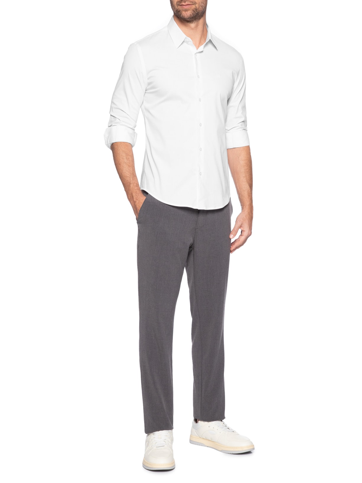Camisa Masculina Social Slim Fit Tricoline Com ELastano Branco Sergio K