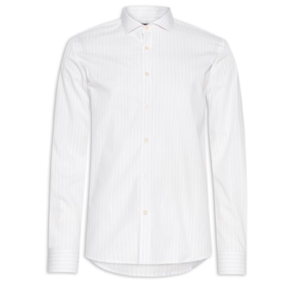 Camisa Masculina Tricoline Mini Listras - Branco