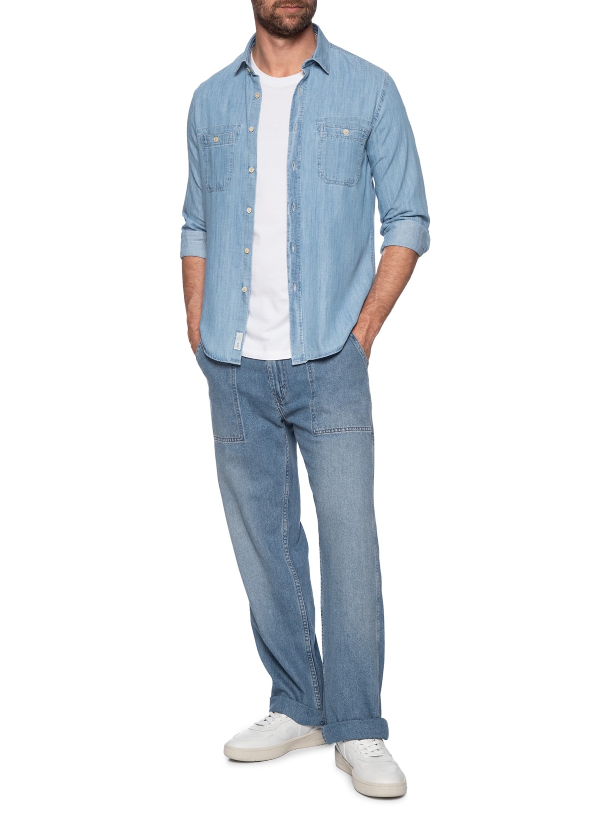 Camisa Masculina Utilitária Denim Azul Pineapple