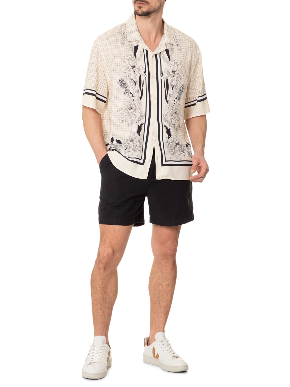 Camisa Masculina Vintage Estampada Branco Forum