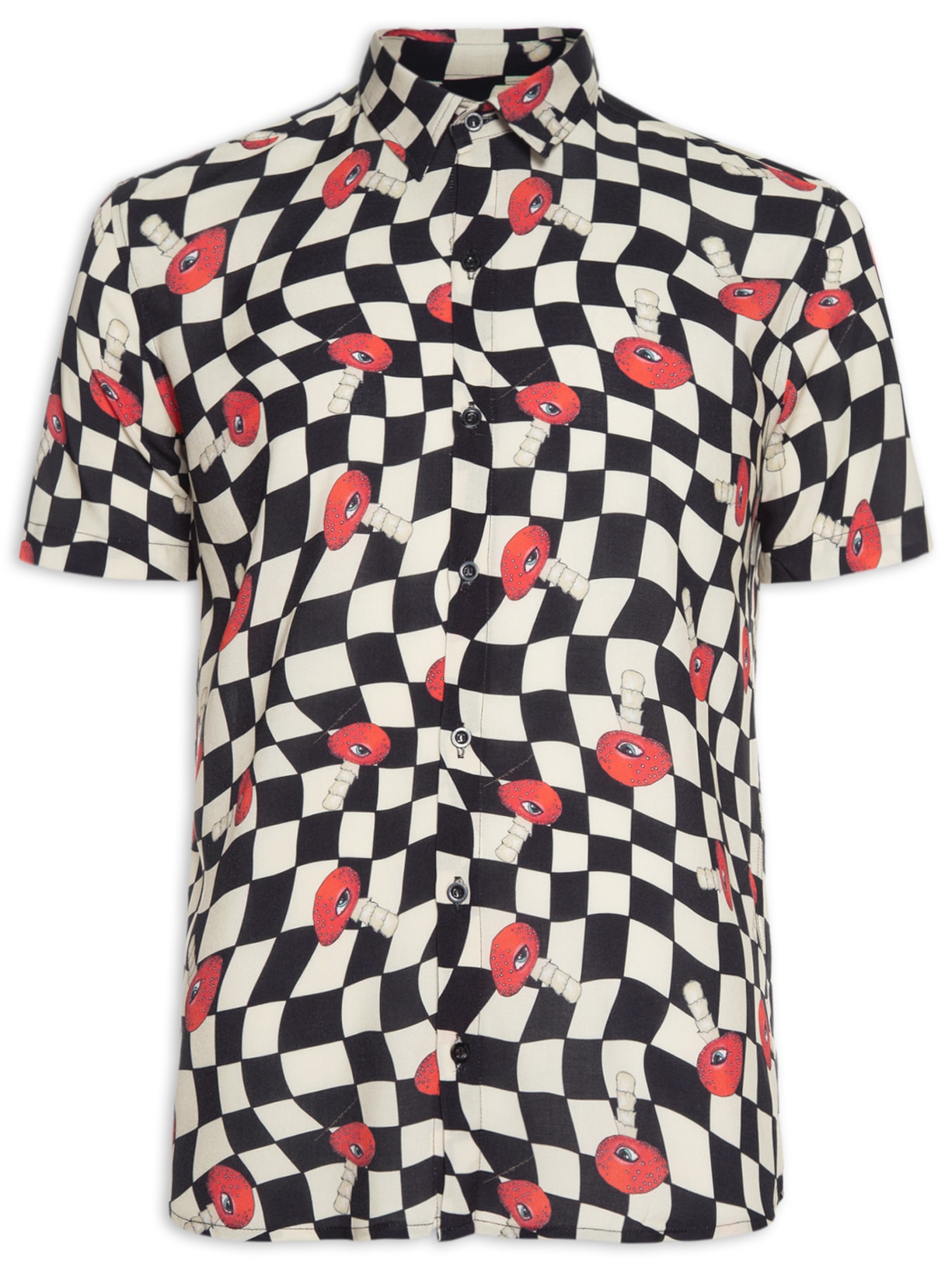 Camisa Masculina Viscose Estampada Cogumelo Manga Curta - Preto