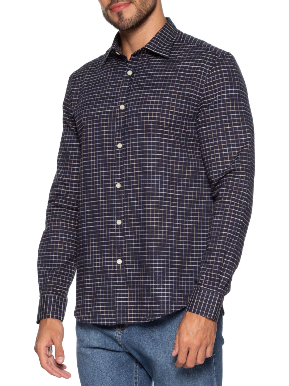 Camisa Masculina Voil Mini Quadros Azul Zapalla