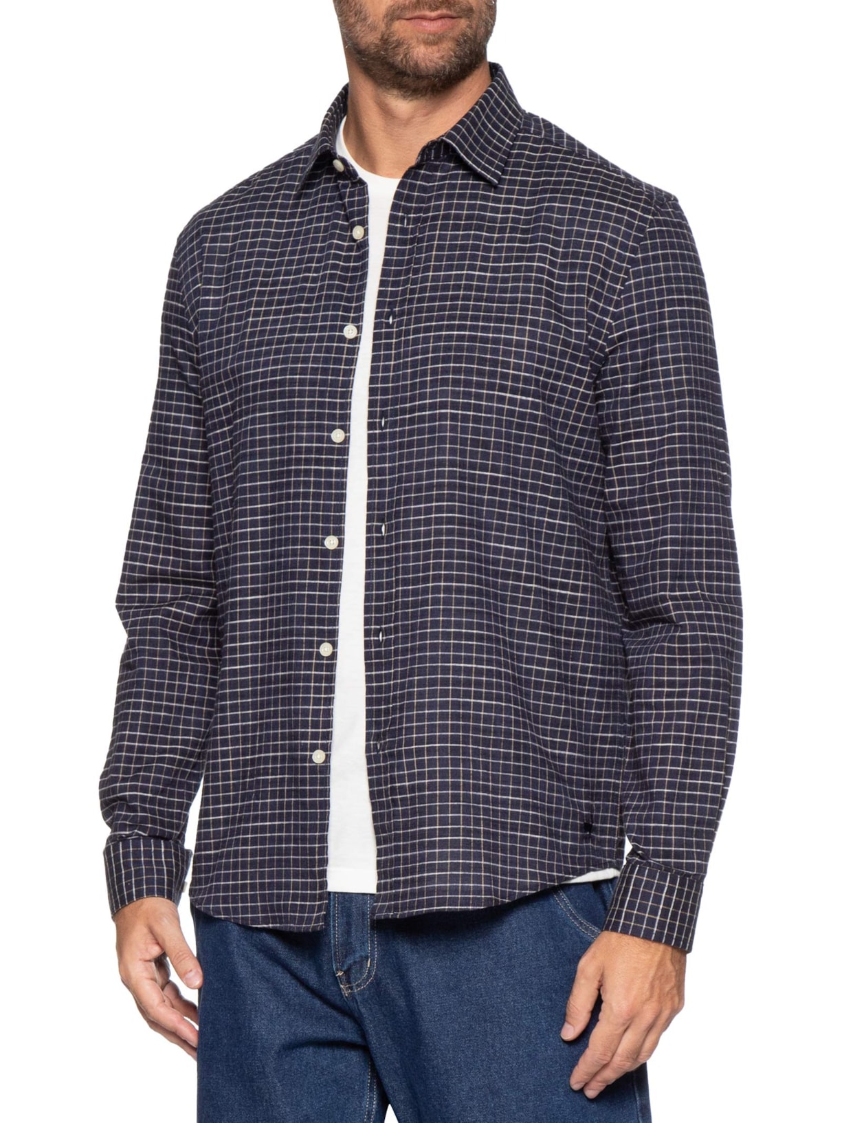 Camisa Masculina Voil Mini Quadros Azul Zapalla