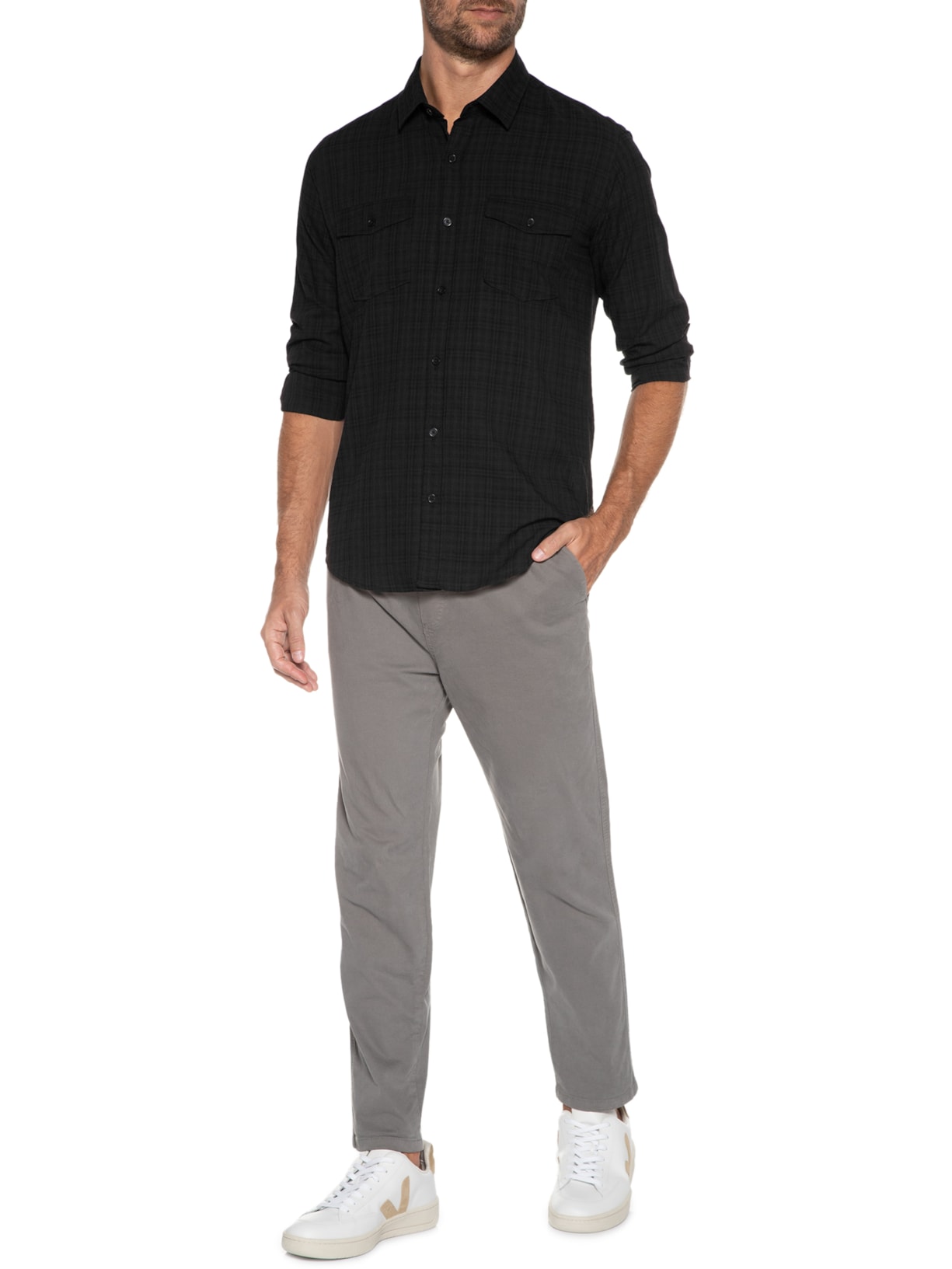 Camisa Masculina  Xadrez 2 Bolsos Preto Sergio K