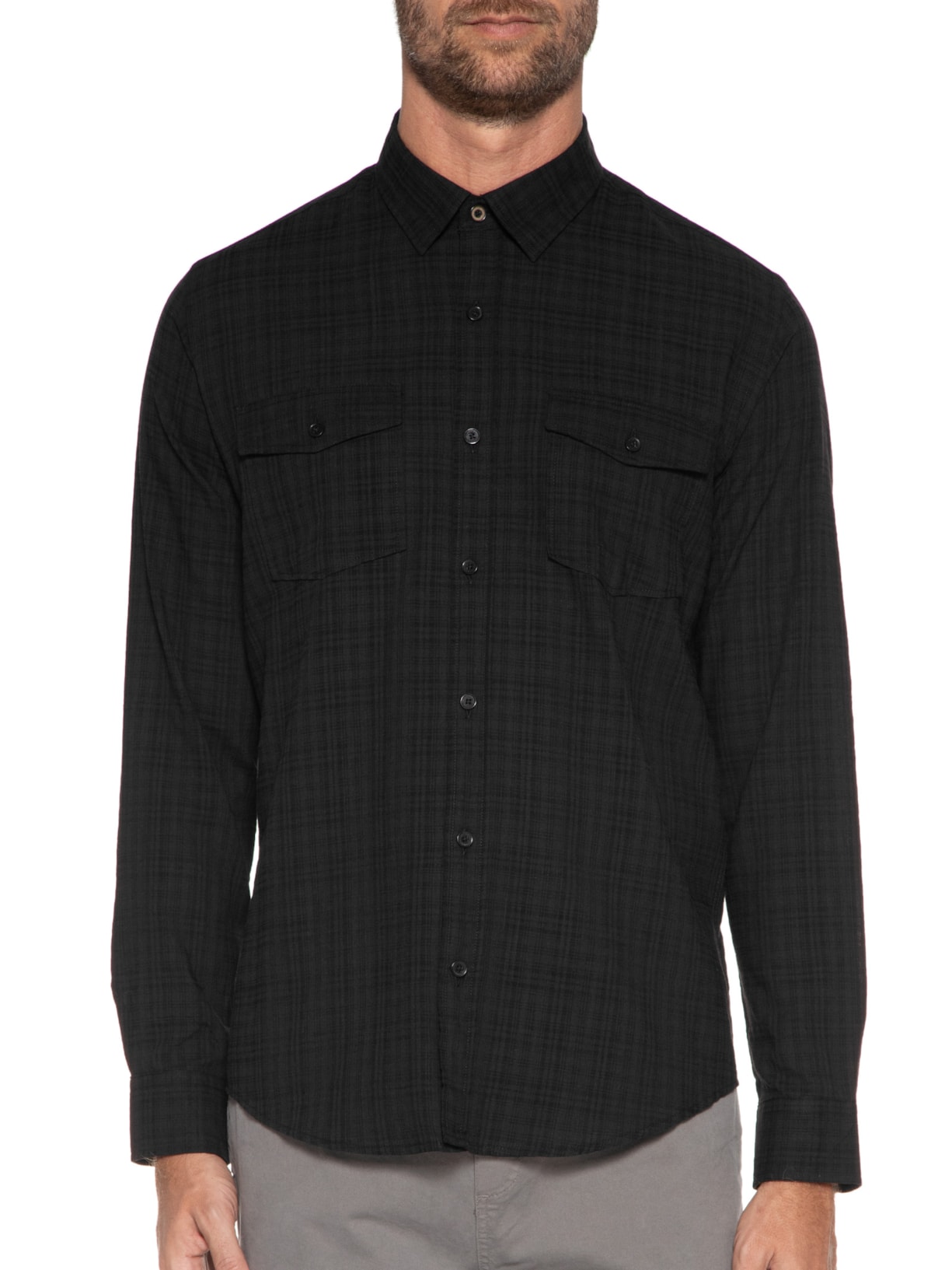 Camisa Masculina  Xadrez 2 Bolsos Preto Sergio K