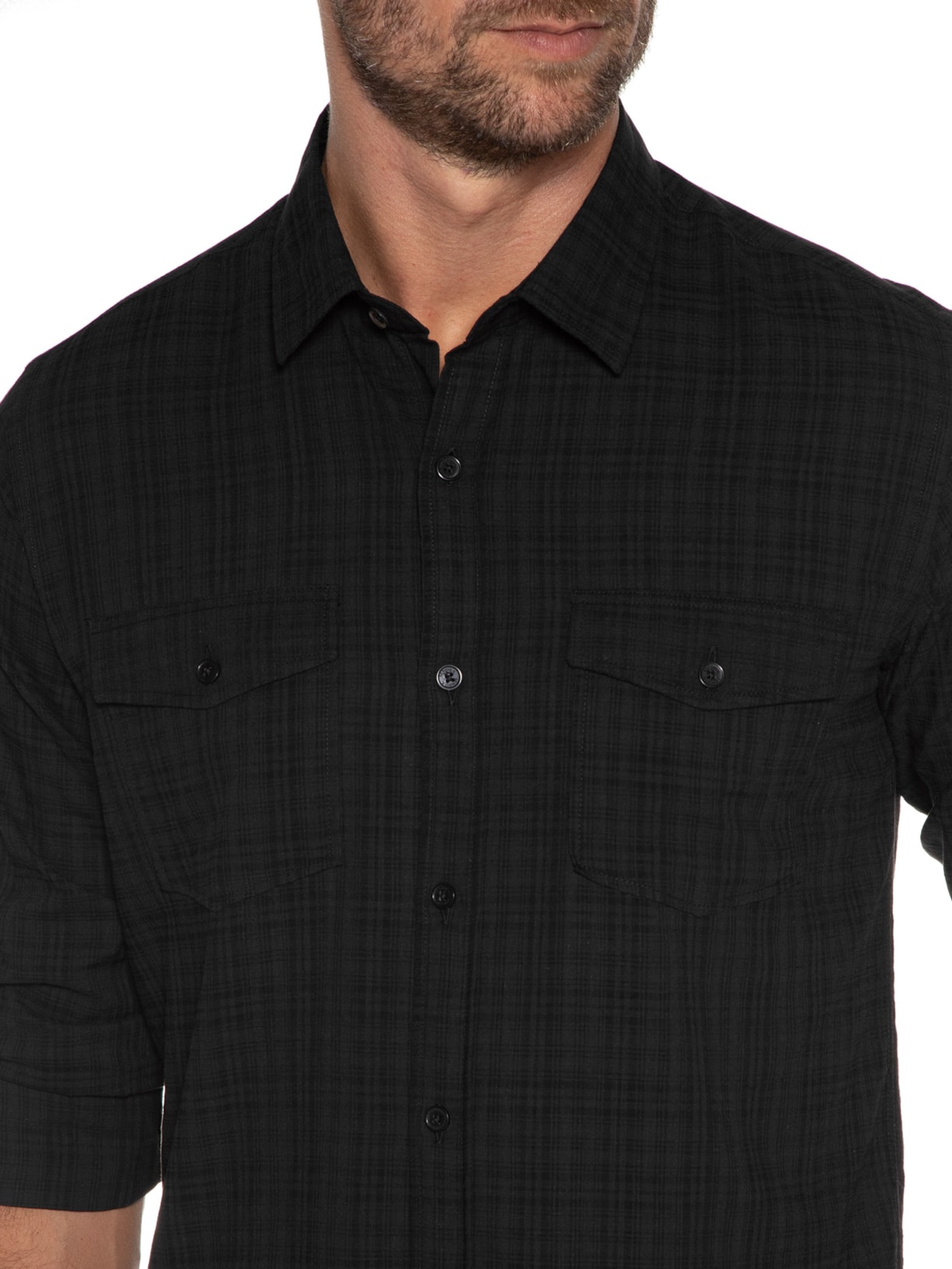 Camisa Masculina  Xadrez 2 Bolsos Preto Sergio K