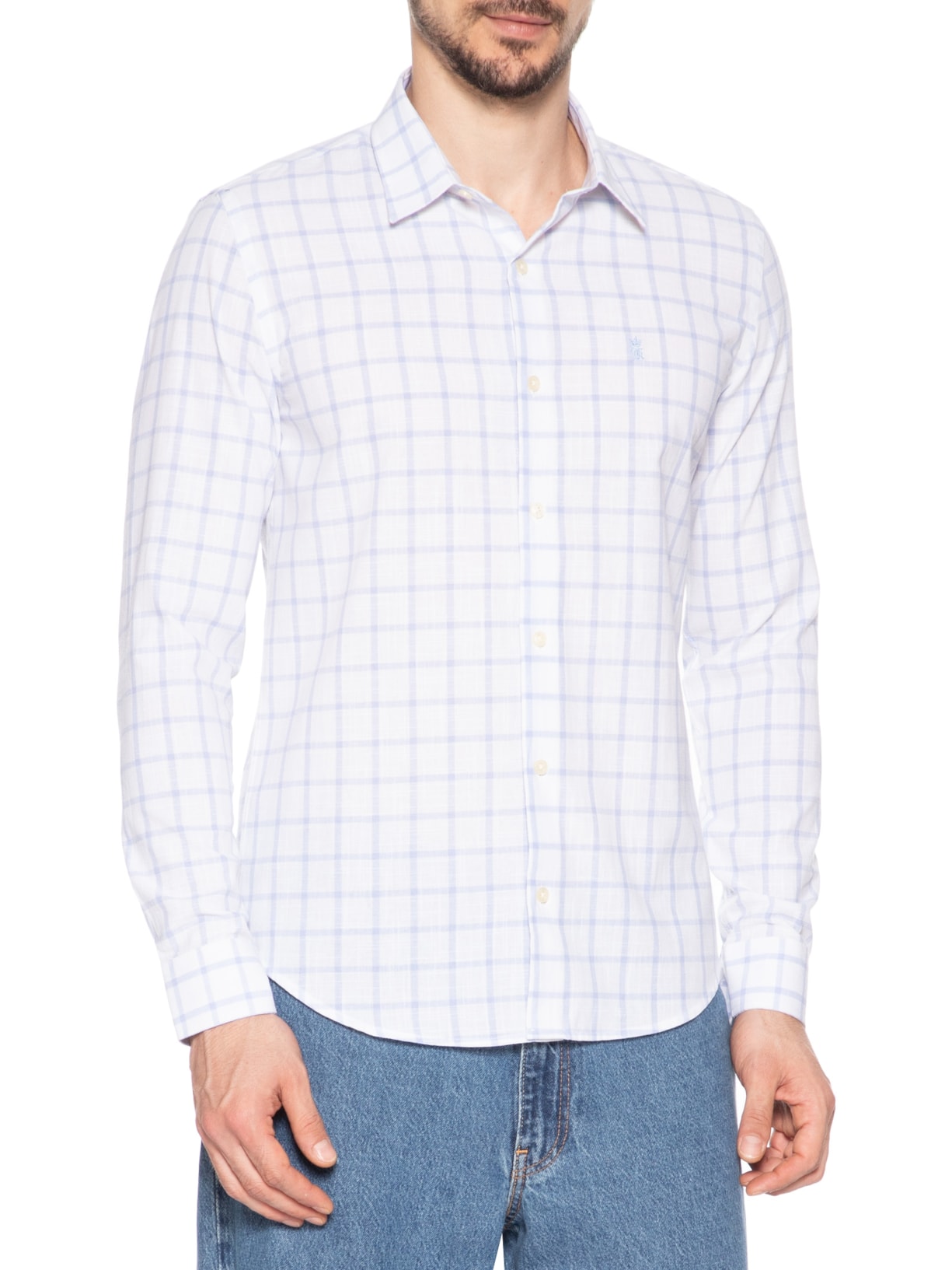 Camisa Masculina Xadrez Quadros Slub Regular Fit Azul Sergio K