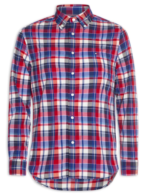 Camisa Masculina Xadrez Regular Fit Em Algodão - Vermelho