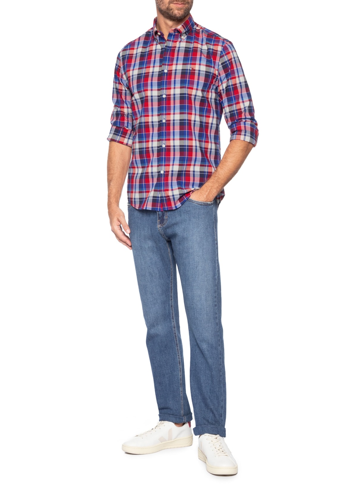 Camisa Masculina Xadrez Regular Fit Em Algodão Vermelho Tommy Hilfiger