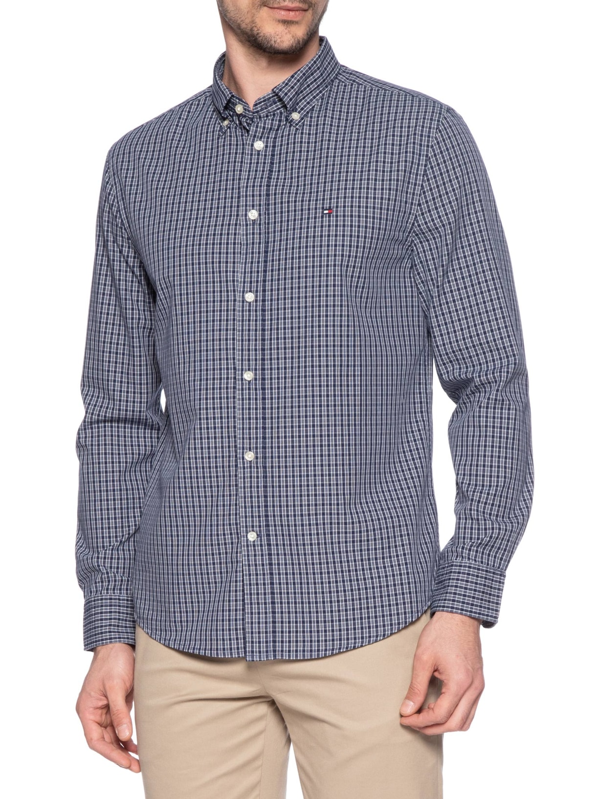 Camisa Masculina Xadrez Regular Fit Em Popeline Mini Tartan Azul Tommy Hilfiger