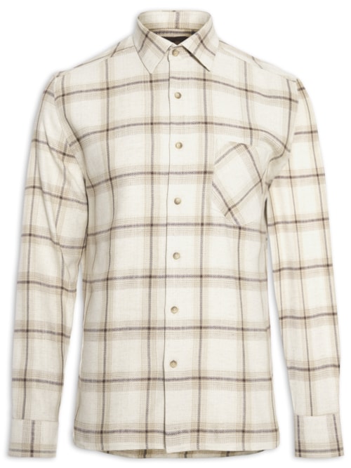Camisa Masculina Xadrez Rústico Bolso - Bege
